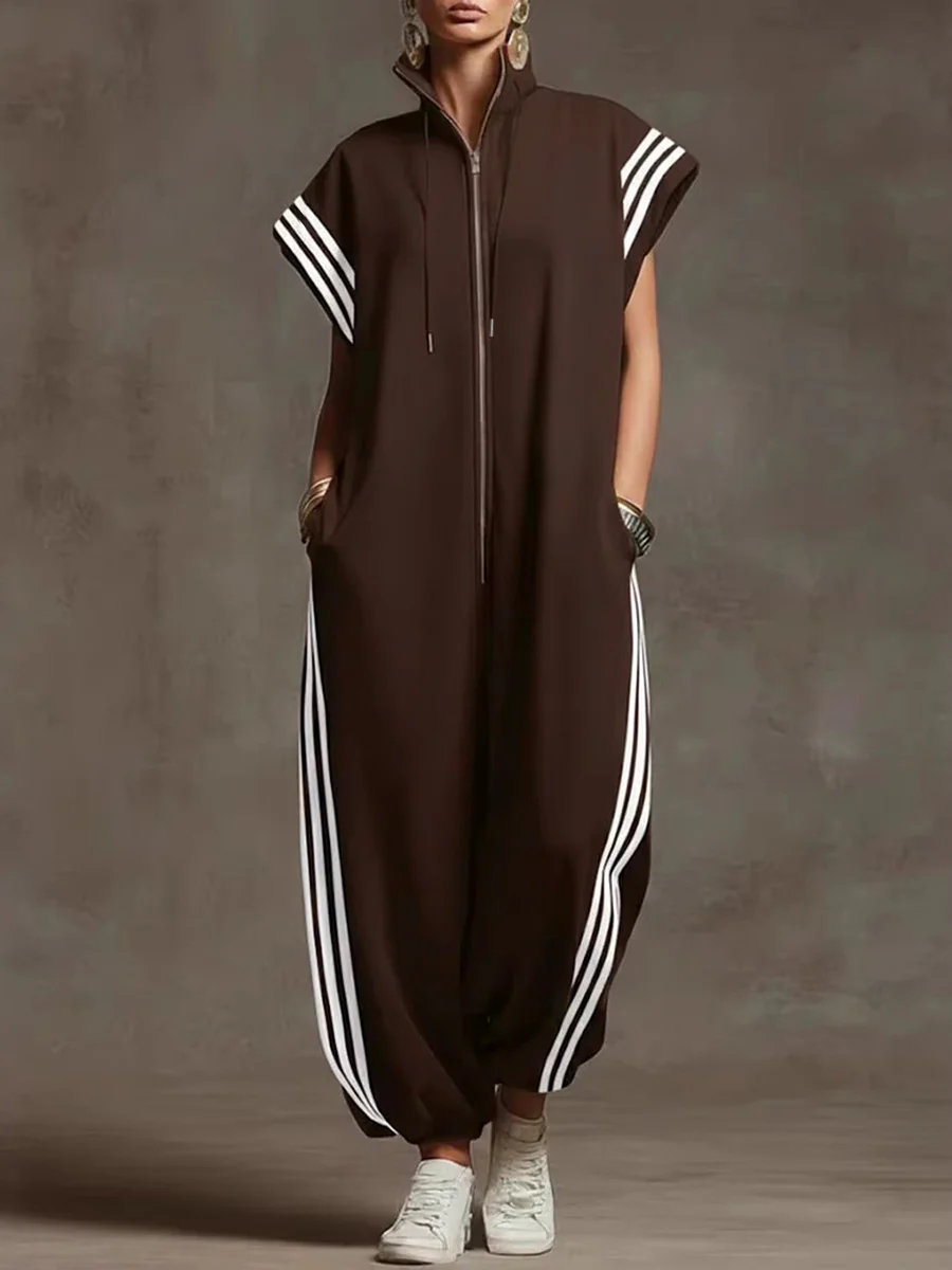 Loose Plus Size Contrast Color Pockets Split-Joint Striped Zipper Stand Collar Jumpsuits Ninth Pants - Image 4