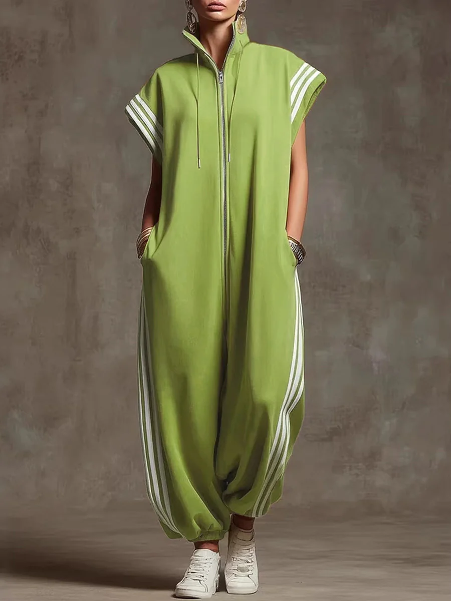 Loose Plus Size Contrast Color Pockets Split-Joint Striped Zipper Stand Collar Jumpsuits Ninth Pants - Image 5
