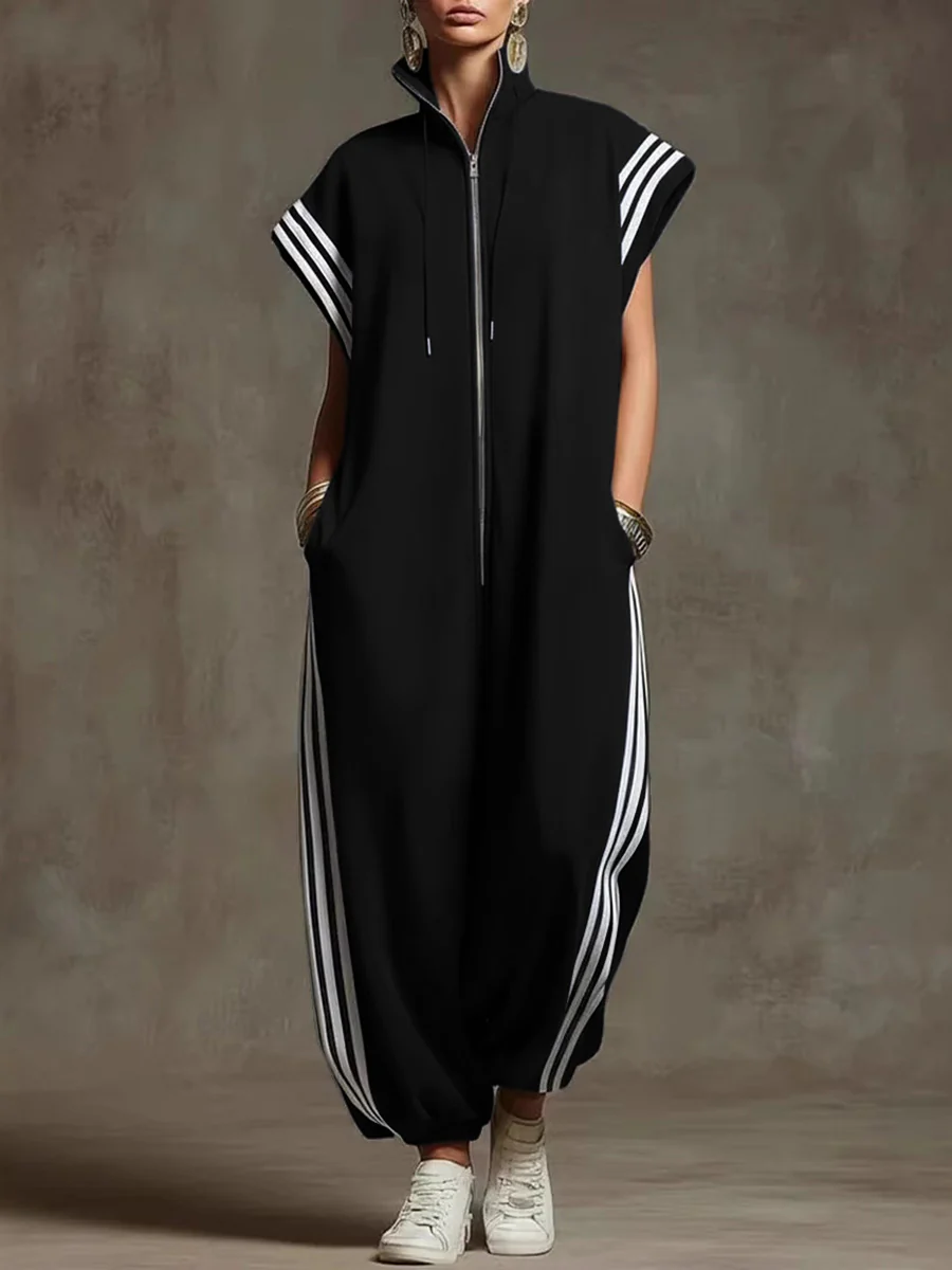 Loose Plus Size Contrast Color Pockets Split-Joint Striped Zipper Stand Collar Jumpsuits Ninth Pants - Image 6