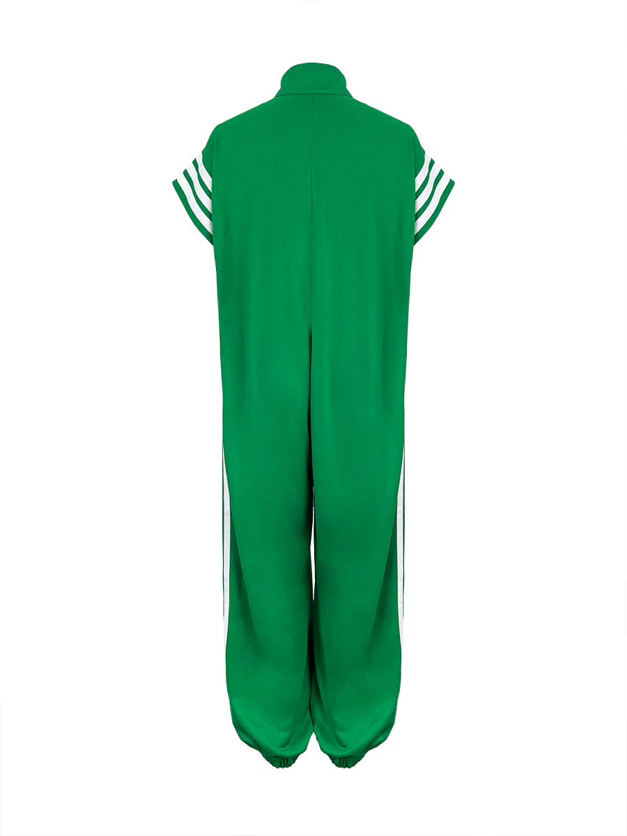 Loose Plus Size Contrast Color Pockets Split-Joint Striped Zipper Stand Collar Jumpsuits Ninth Pants - Image 7