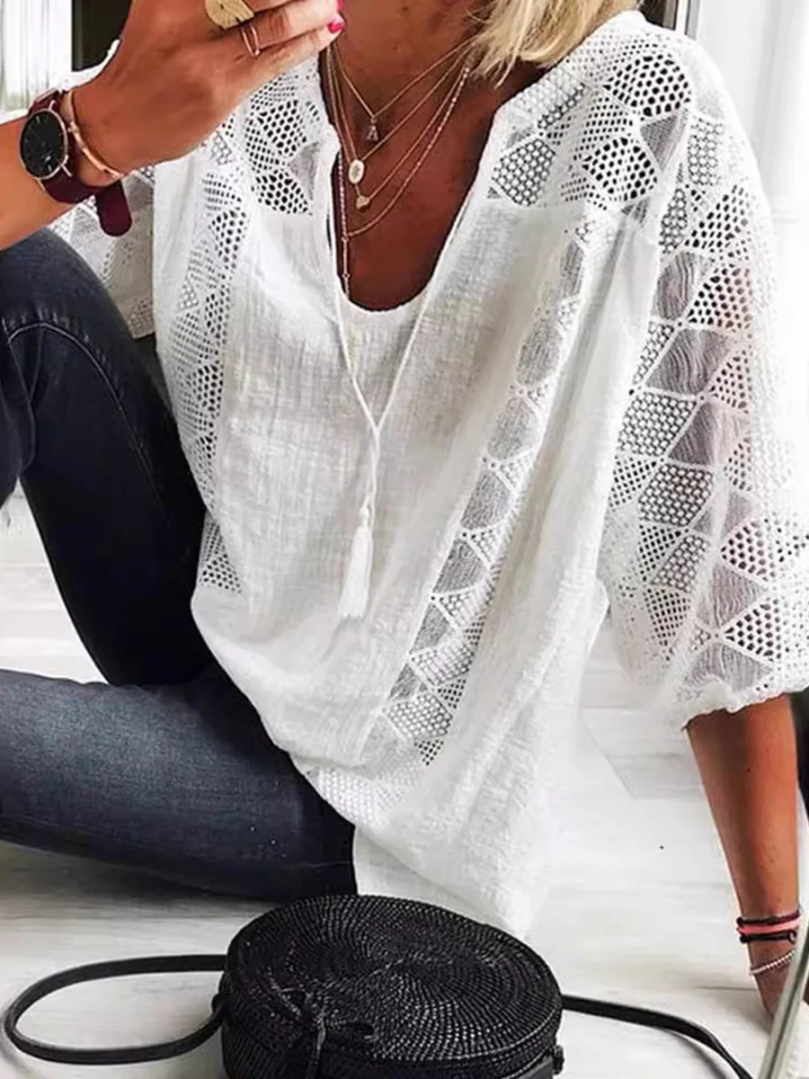 Loose Plus Size Drawstring Hollow Solid Color Split-Joint Tasseled V-Neck Blouses&Shirts Tops