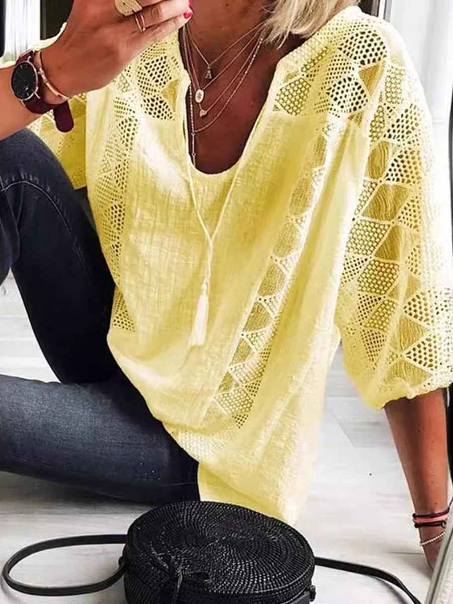Loose Plus Size Drawstring Hollow Solid Color Split-Joint Tasseled V-Neck Blouses&Shirts Tops - Image 2