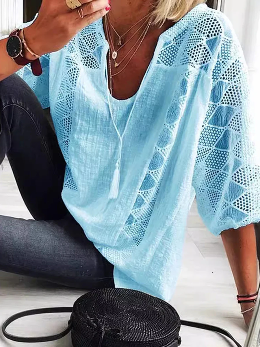 Loose Plus Size Drawstring Hollow Solid Color Split-Joint Tasseled V-Neck Blouses&Shirts Tops - Image 3