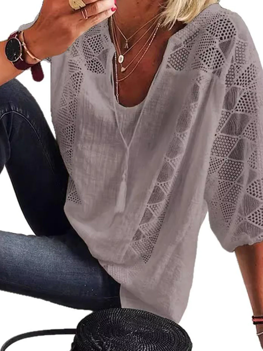 Loose Plus Size Drawstring Hollow Solid Color Split-Joint Tasseled V-Neck Blouses&Shirts Tops - Image 4
