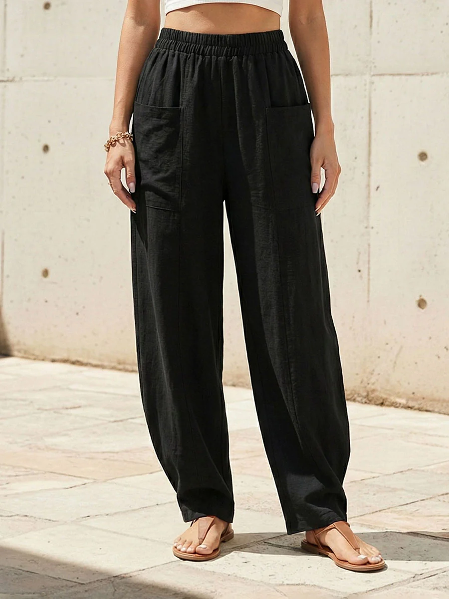 Loose Plus Size Elasticity Pockets Solid Color Pants - Image 3