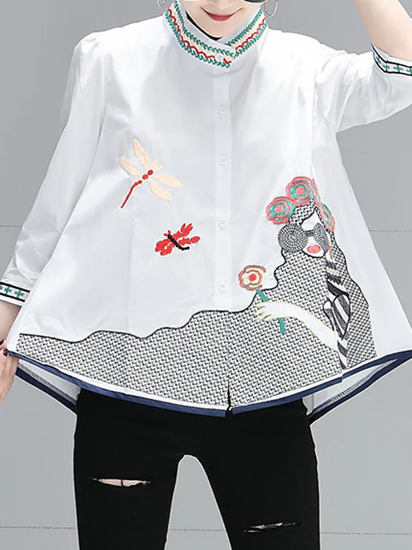Loose Plus Size Embroidered Figure Stand Collar Blouses&Shirts Tops - Image 2