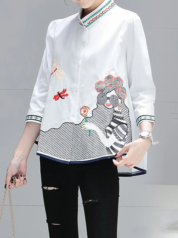 Loose Plus Size Embroidered Figure Stand Collar Blouses&Shirts Tops - Image 3