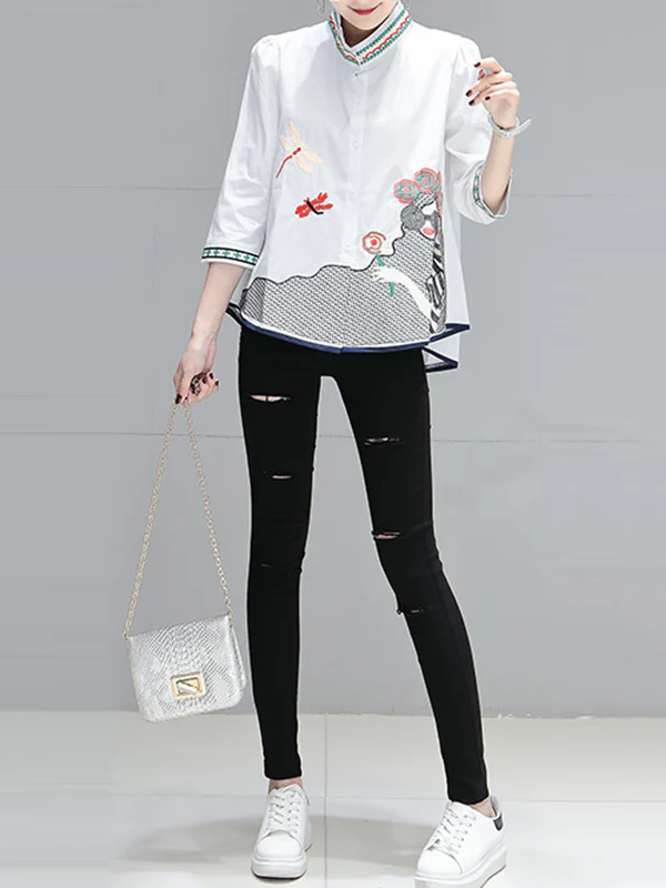 Loose Plus Size Embroidered Figure Stand Collar Blouses&Shirts Tops - Image 4