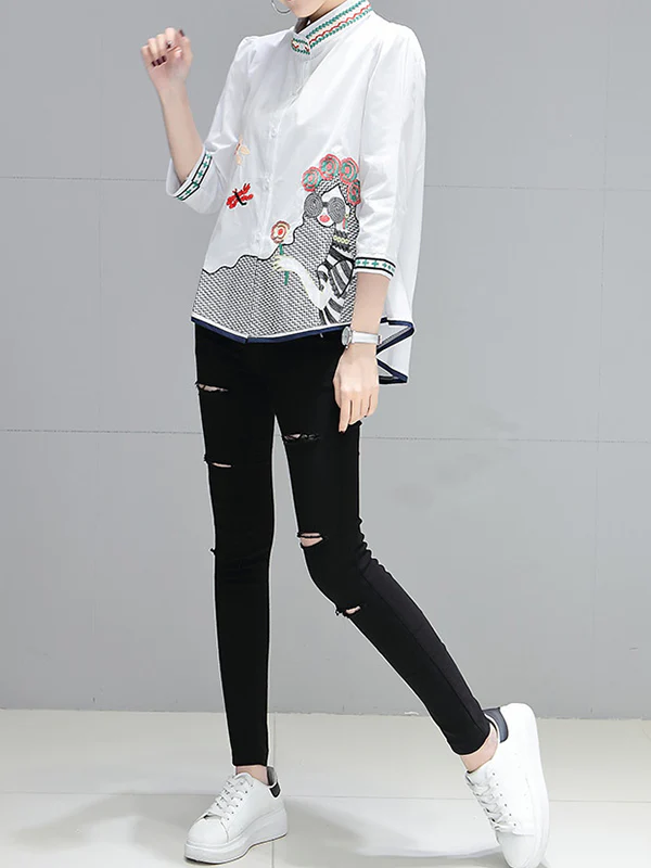 Loose Plus Size Embroidered Figure Stand Collar Blouses&Shirts Tops - Image 5