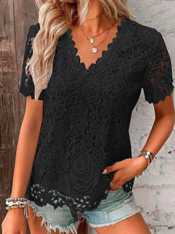 Loose Plus Size Embroidered Hollow Solid Color Split-Joint V-Neck T-Shirts Tops - Image 2