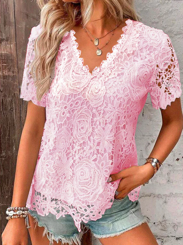 Loose Plus Size Embroidered Hollow Solid Color Split-Joint V-Neck T-Shirts Tops - Image 3