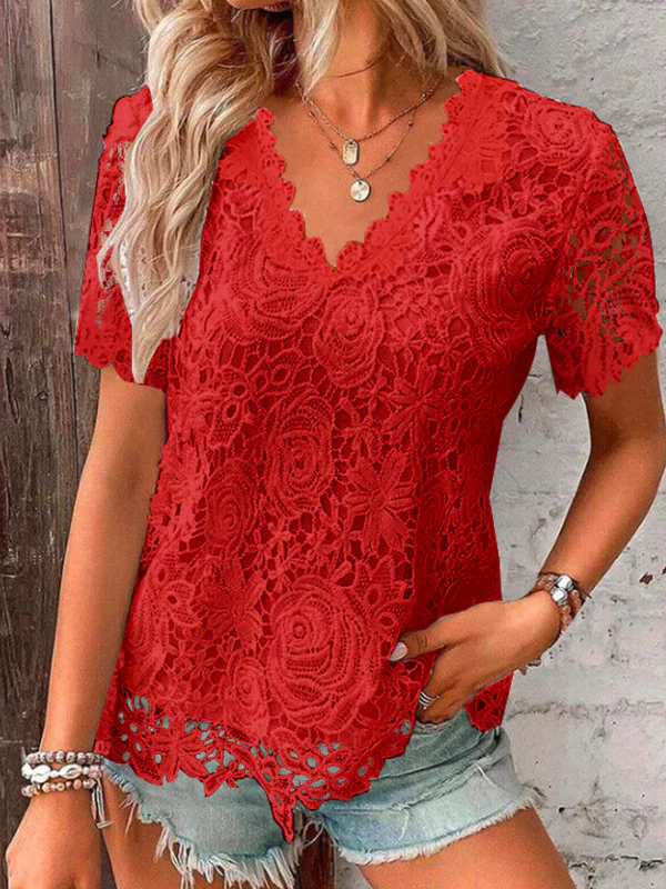 Loose Plus Size Embroidered Hollow Solid Color Split-Joint V-Neck T-Shirts Tops - Image 4