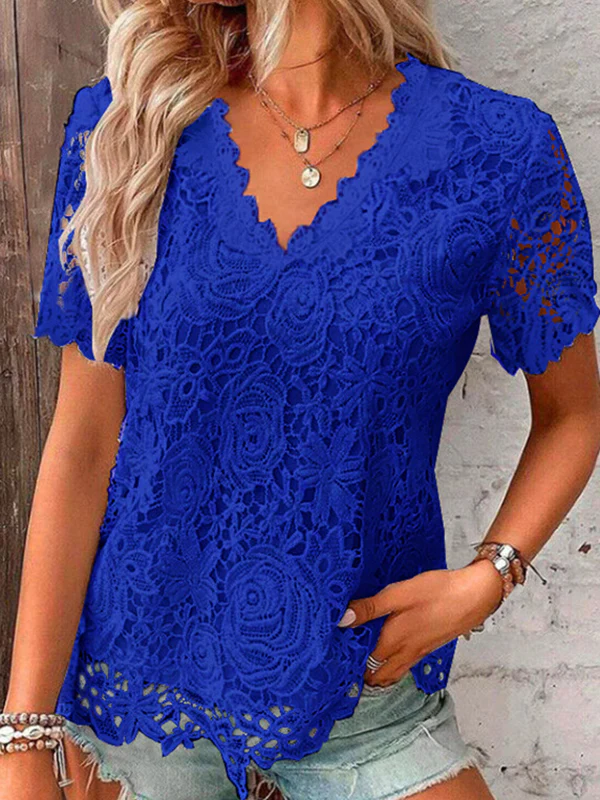 Loose Plus Size Embroidered Hollow Solid Color Split-Joint V-Neck T-Shirts Tops - Image 5