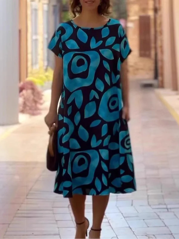 Loose Plus Size Floral Printed Split-Joint Round-Neck Midi Dresses - Image 2