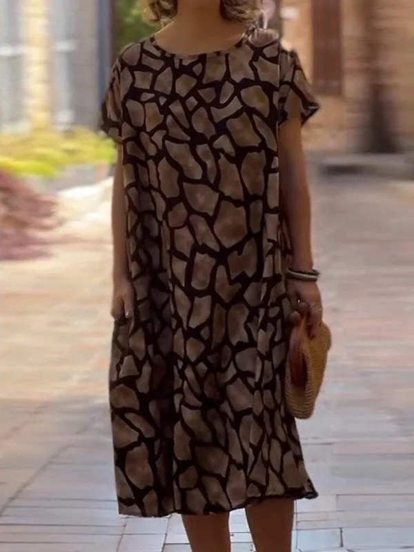 Loose Plus Size Floral Printed Split-Joint Round-Neck Midi Dresses - Image 3