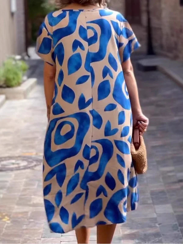 Loose Plus Size Floral Printed Split-Joint Round-Neck Midi Dresses - Image 4