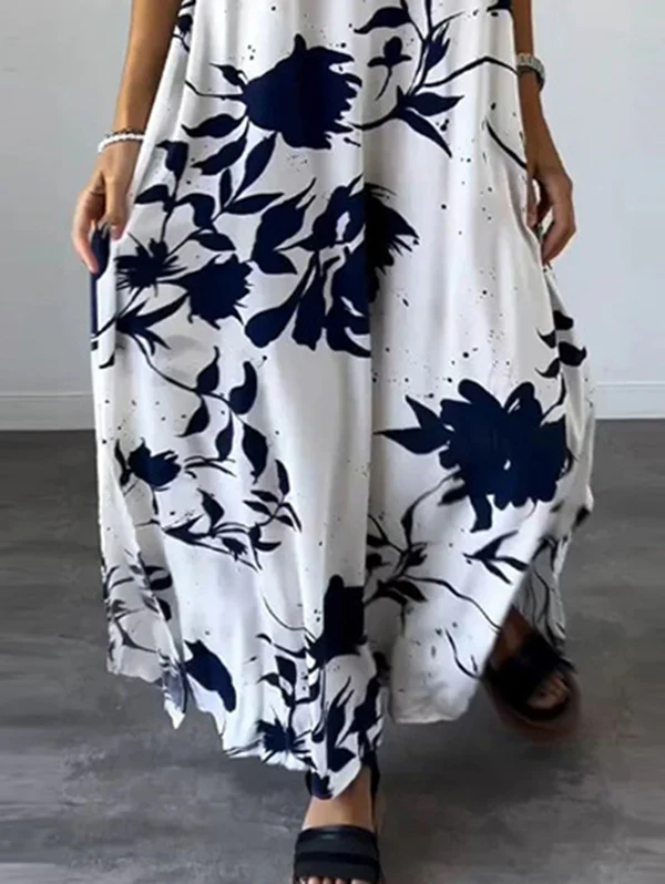 Loose Plus Size Floral Printed Split-Joint Spaghetti-Neck Maxi Dresses - Image 3
