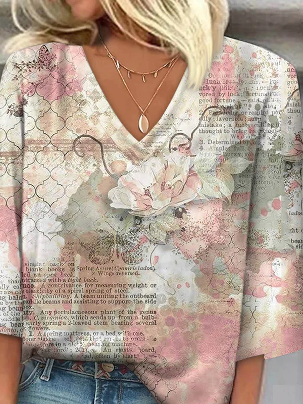 Loose Plus Size Flower Print Letter Print V-Neck T-Shirts Tops - Image 2