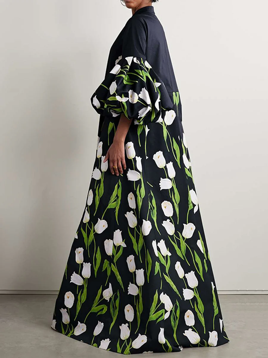 Loose Plus Size Flower Print Pleated Split-Joint Stand Collar Maxi Dresses Trench Coats - Image 2