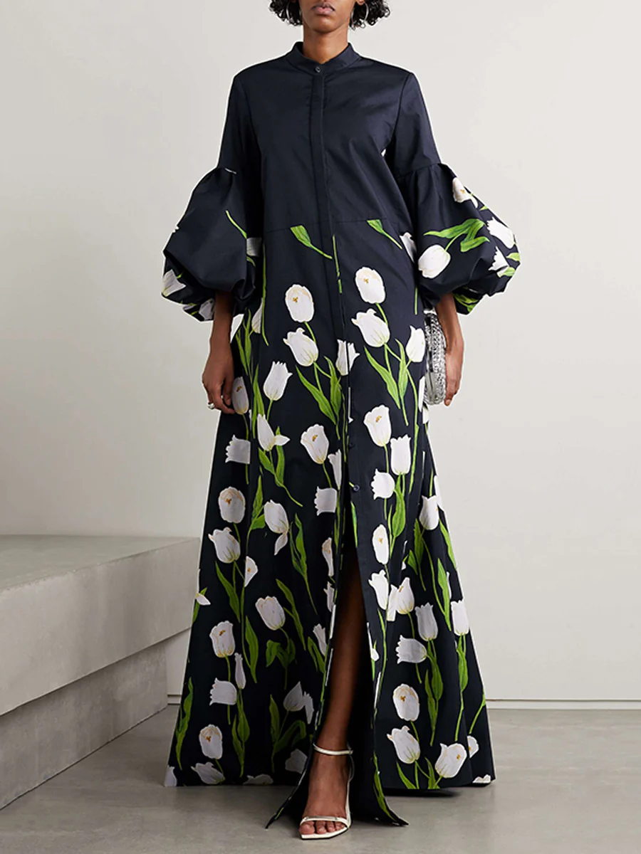 Loose Plus Size Flower Print Pleated Split-Joint Stand Collar Maxi Dresses Trench Coats - Image 3
