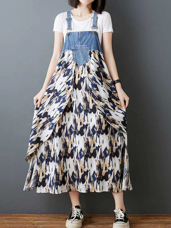 Loose Plus Size Flower Print Pockets Split-Joint Spaghetti-Neck Maxi Dresses Suspender Dress - Image 10