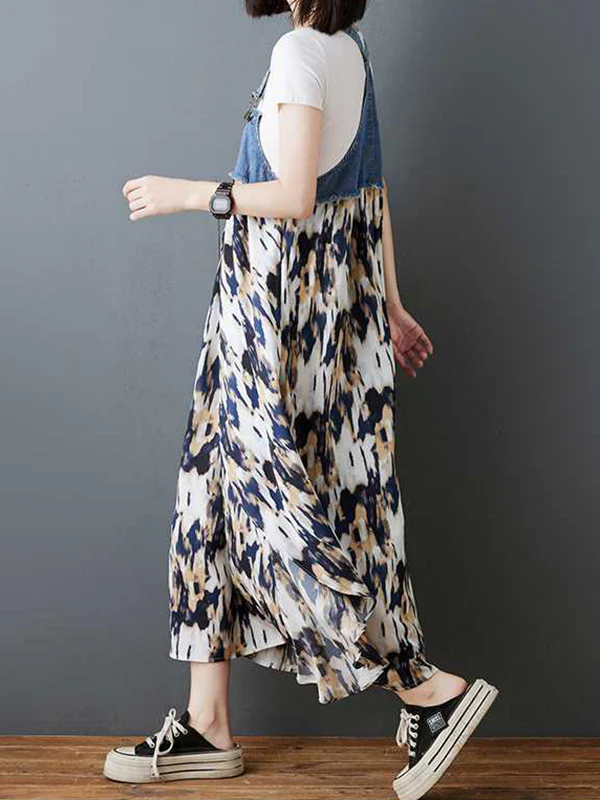 Loose Plus Size Flower Print Pockets Split-Joint Spaghetti-Neck Maxi Dresses Suspender Dress - Image 11