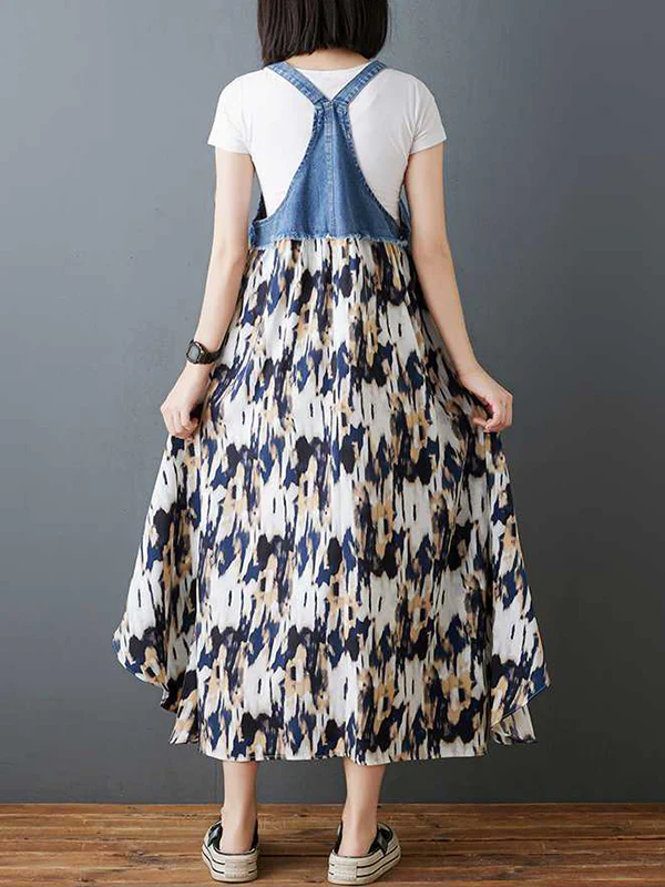 Loose Plus Size Flower Print Pockets Split-Joint Spaghetti-Neck Maxi Dresses Suspender Dress - Image 12
