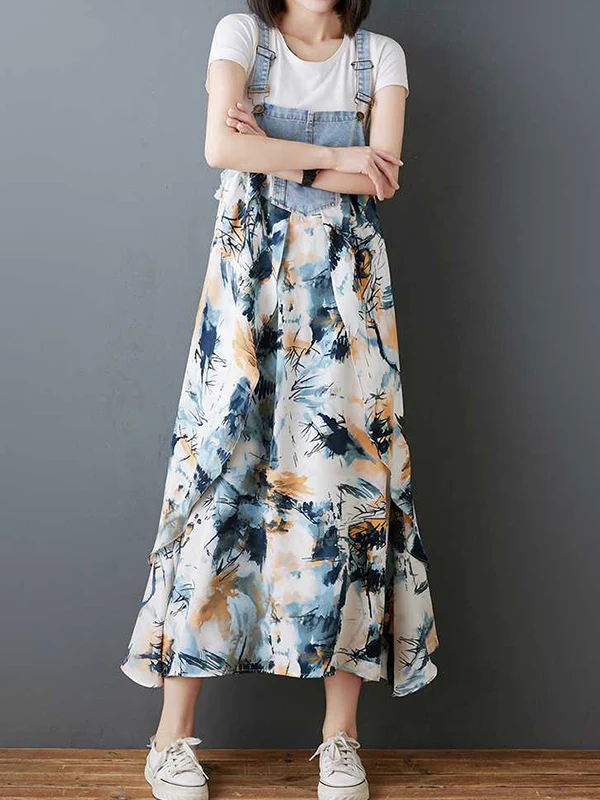 Loose Plus Size Flower Print Pockets Split-Joint Spaghetti-Neck Maxi Dresses Suspender Dress - Image 13