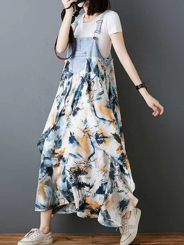 Loose Plus Size Flower Print Pockets Split-Joint Spaghetti-Neck Maxi Dresses Suspender Dress - Image 14
