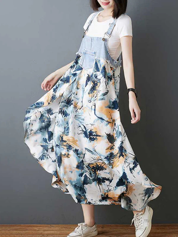 Loose Plus Size Flower Print Pockets Split-Joint Spaghetti-Neck Maxi Dresses Suspender Dress - Image 15