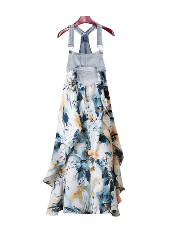 Loose Plus Size Flower Print Pockets Split-Joint Spaghetti-Neck Maxi Dresses Suspender Dress - Image 16