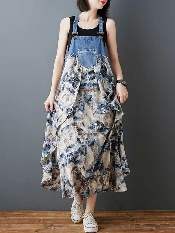 Loose Plus Size Flower Print Pockets Split-Joint Spaghetti-Neck Maxi Dresses Suspender Dress - Image 2