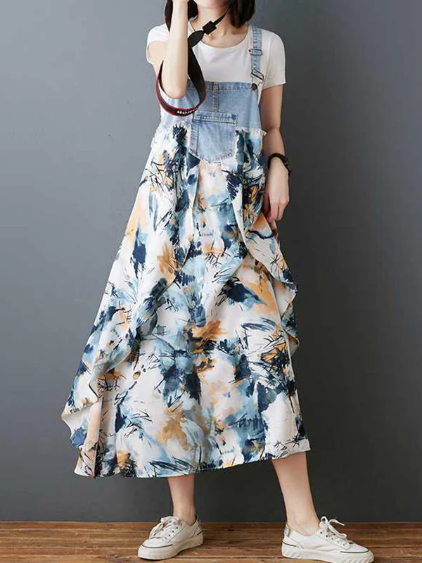 Loose Plus Size Flower Print Pockets Split-Joint Spaghetti-Neck Maxi Dresses Suspender Dress - Image 3