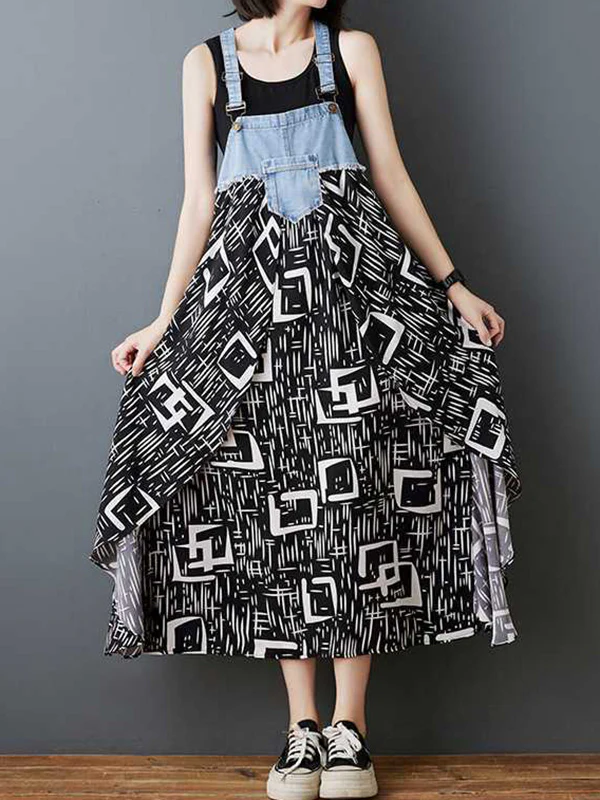 Loose Plus Size Flower Print Pockets Split-Joint Spaghetti-Neck Maxi Dresses Suspender Dress - Image 4