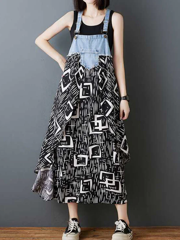 Loose Plus Size Flower Print Pockets Split-Joint Spaghetti-Neck Maxi Dresses Suspender Dress - Image 5