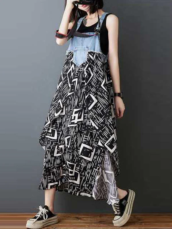 Loose Plus Size Flower Print Pockets Split-Joint Spaghetti-Neck Maxi Dresses Suspender Dress - Image 6