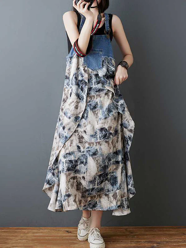Loose Plus Size Flower Print Pockets Split-Joint Spaghetti-Neck Maxi Dresses Suspender Dress - Image 7