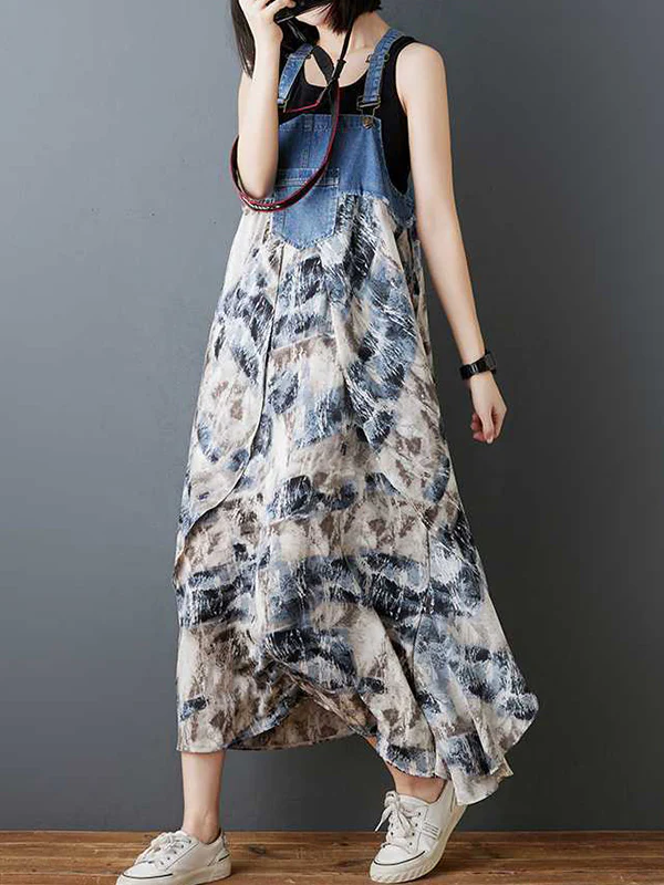 Loose Plus Size Flower Print Pockets Split-Joint Spaghetti-Neck Maxi Dresses Suspender Dress - Image 8