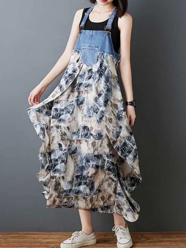 Loose Plus Size Flower Print Pockets Split-Joint Spaghetti-Neck Maxi Dresses Suspender Dress - Image 9