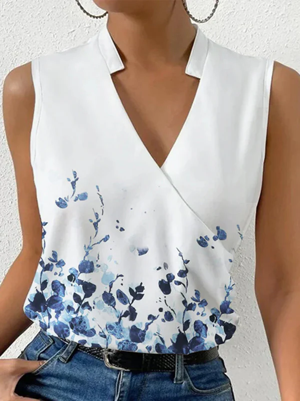 Loose Plus Size Flower Print Split-Joint V-Neck Vest Top