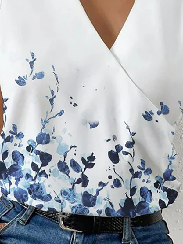 Loose Plus Size Flower Print Split-Joint V-Neck Vest Top - Image 2