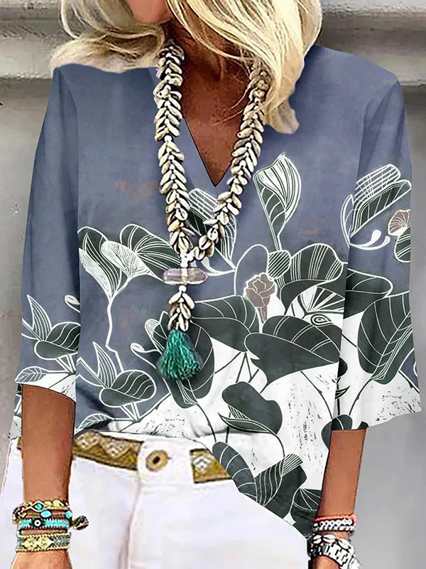 Loose Plus Size Flower Print Three-Quarter Sleeves V-Neck T-Shirts Tops - Image 2