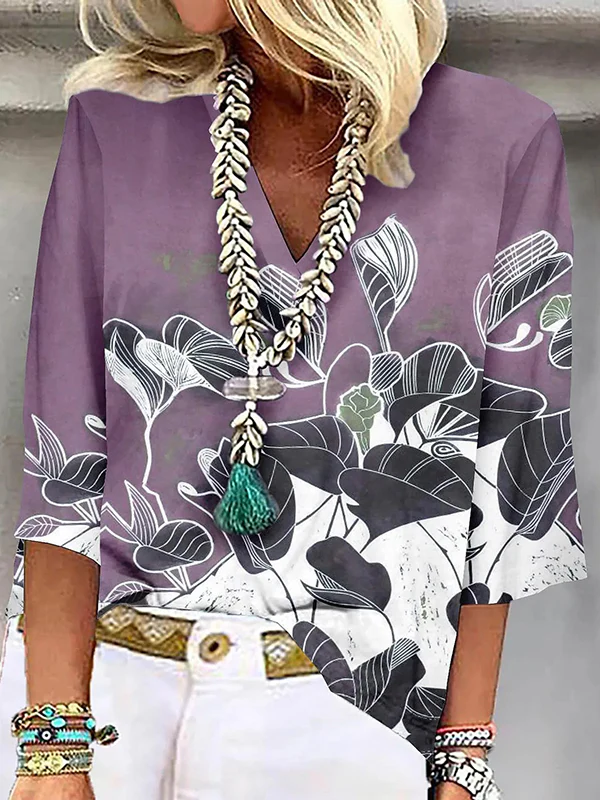 Loose Plus Size Flower Print Three-Quarter Sleeves V-Neck T-Shirts Tops - Image 3