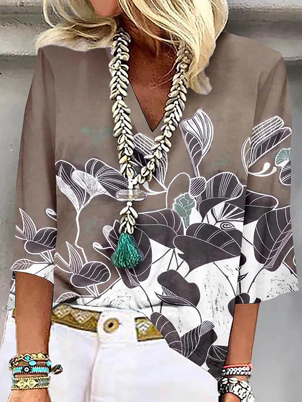 Loose Plus Size Flower Print Three-Quarter Sleeves V-Neck T-Shirts Tops - Image 4