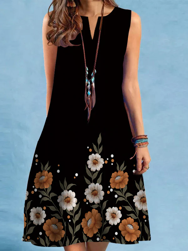 Loose Plus Size Flower Print V-Neck Mini Dresses