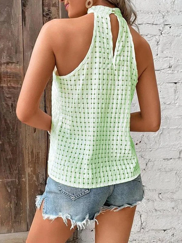 Loose Plus Size Hollow Jacquard Pleated Solid Color Halter-Neck Vest Top - Image 6