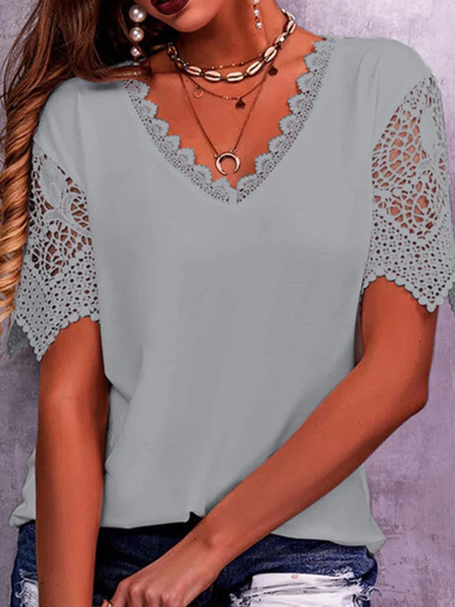 Loose Plus Size Hollow Solid Color Split-Joint V-Neck T-Shirts Tops - Image 7
