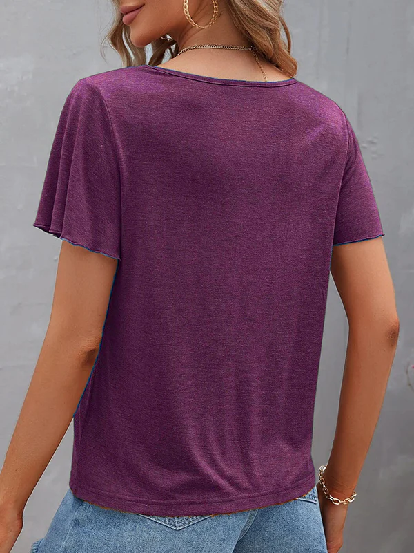 Loose Plus Size Hollow Solid Color Split-Joint V-Neck T-Shirts Tops - Image 10