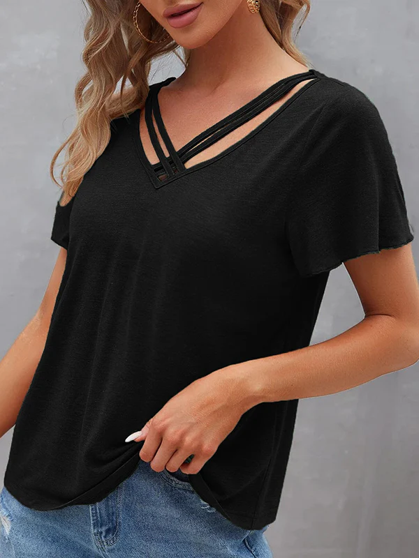 Loose Plus Size Hollow Solid Color Split-Joint V-Neck T-Shirts Tops - Image 11