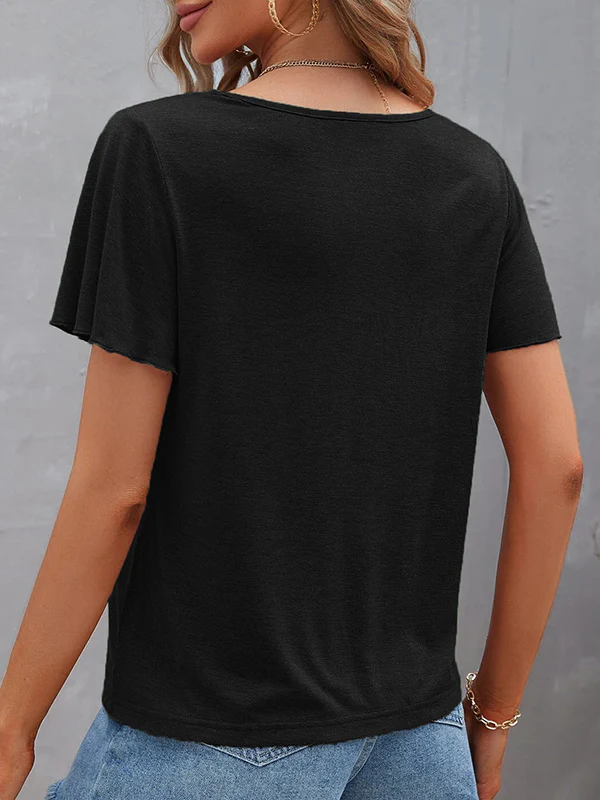 Loose Plus Size Hollow Solid Color Split-Joint V-Neck T-Shirts Tops - Image 12